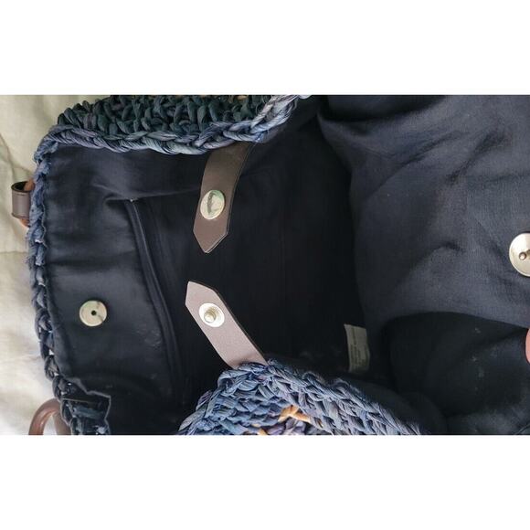 Woven Corn Husk Purse Handbag Tote Beach Straw Blue Tan 14x14 - Picture 6 of 9